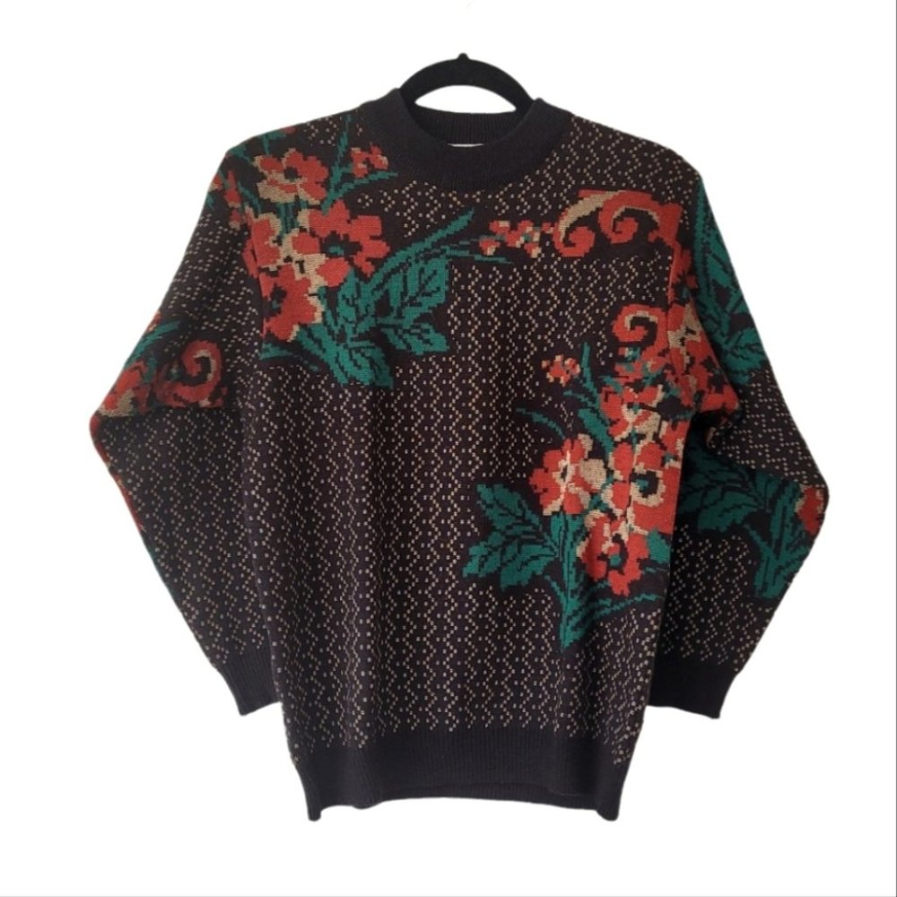 LION Vintage 80s Floral High Neck Long Sleeve Knit Sweater